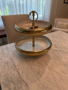 Two-Tier Hammered Brass & Glass Serving Stand